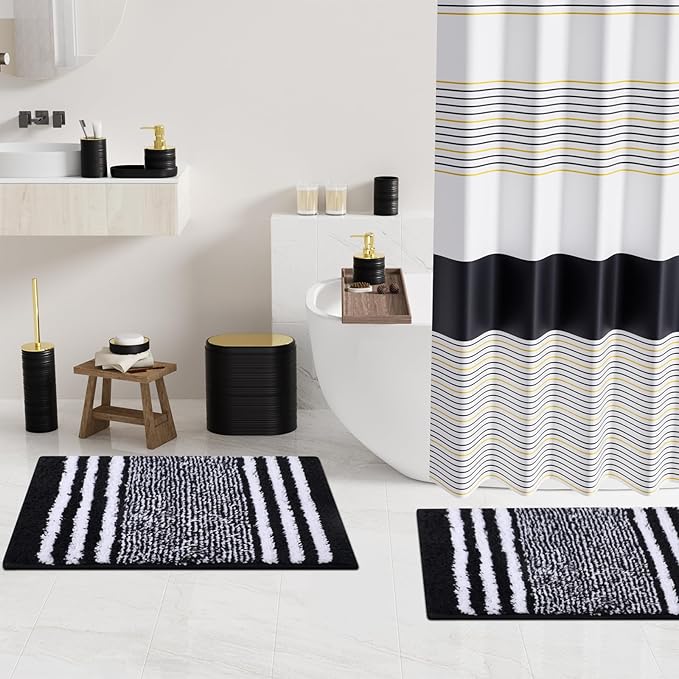 InnJoey Bathroom Set - Bathroom Sets with Shower Curtain and Rugs, 25PC Bathroom Accessory Set, Black Bathroom Accessories Set with Trash Can, Soap Dispensers