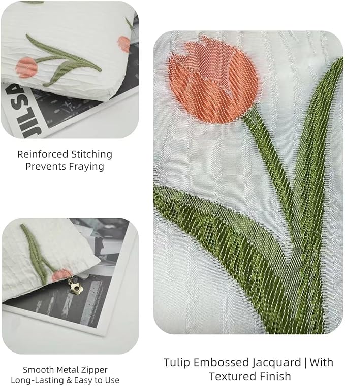 RIKMOXR 2-Pack Tulip Print Makeup Bag Set - White Fabric Cosmetic Organizer Pouches (1 Large + 1 Small) for Daily & Travel Use