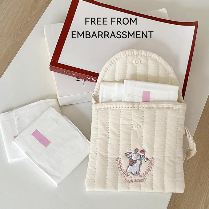 Period Bag Pouch for Girls and Women, Discreet Quilted Sanitary Pad and Tampon Bag for School Travel, Cute Embroidered Feminine Hygiene Organizer, Menstrual Product Holder