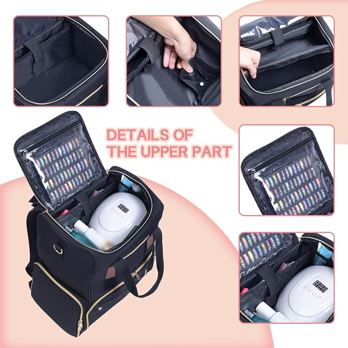 Nail Polish Organizer Backpack Holds 80 Bottles and a Nail Lamp Supplies with 2 Removable Cases Storage Bag Professional Travel Case for Manicurist (Black)
