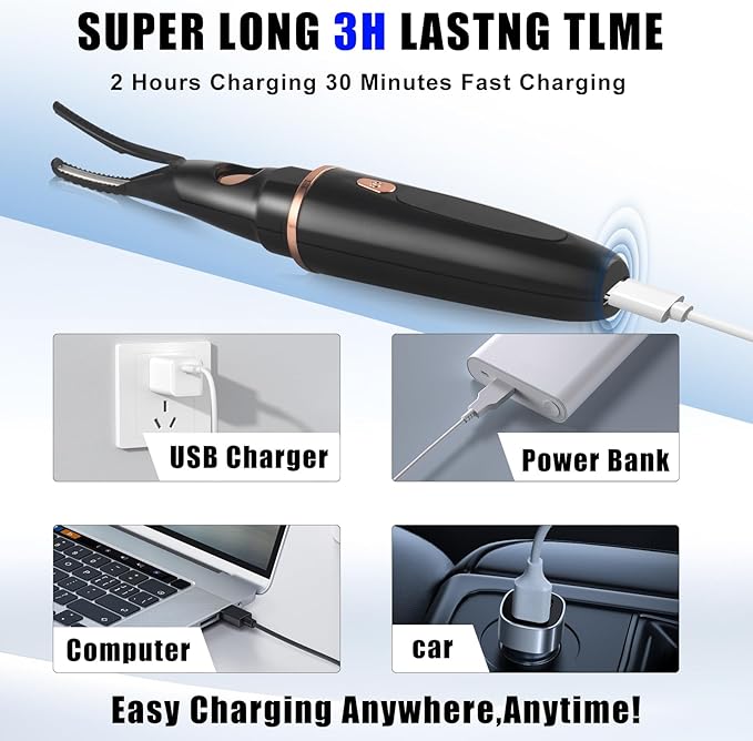 Heated Eyelash Curlers - 2 in 1 Clip- Type Heated lash Curler Best Seller Electric Eyelash Curler LED Display 3 Temp Settings for Makeup Tools USB Rechargeable Natural Curling 24H Long Lasting 4A