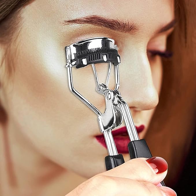 Stainless Steel Eyelash Curler with Comb and Eyelash Brush Fit Suitable for Any Eye Shapes and Sizes, with 5 Silicone Refill Pads (Black Set)