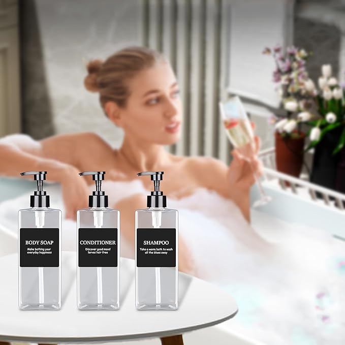 Clear Refillable Plastic Pump Bottle Dispenser Set with Waterproof Labels, Empty Bathroom Soap and Body Wash Dispenser for Shower (Set of 3, 500ML)