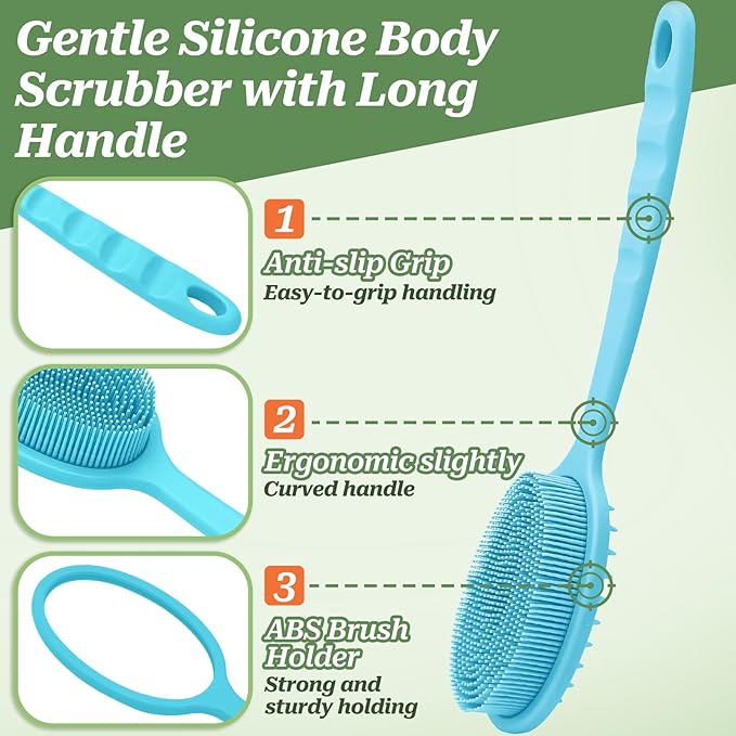 Silicone Face & Back Scrubber Set, Manual Face & Body Scrubber Exfoliator with Soft Bristles and Non-Slip Handle, Back Brush Bath Brush with Detachable Brush Head(2PCS Blue Set)