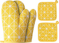 Win Change Oven Mitts and Potholders BBQ Gloves-Oven Mitts and Pot Holders with Recycled Infill Silicone Non-Slip Cooking Gloves for Cooking Baking Grilling (4-Piece Set,Yellow)