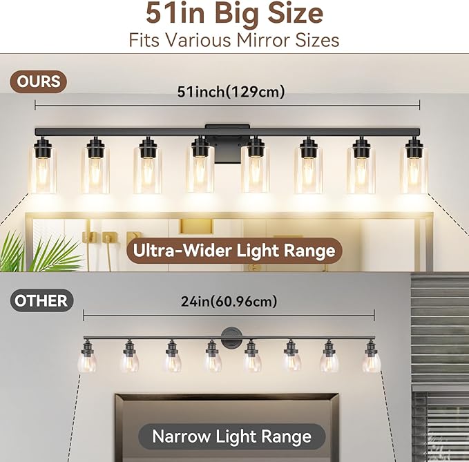 8-Light Bathroom Light Fixtures, 51" Modern Vanity Lights Over Mirror with Clear Glass Shades, Matte Black Light Fixture, Classic Wall Light Fixture for Mirror Living Room Cabinet Bedroom Porch