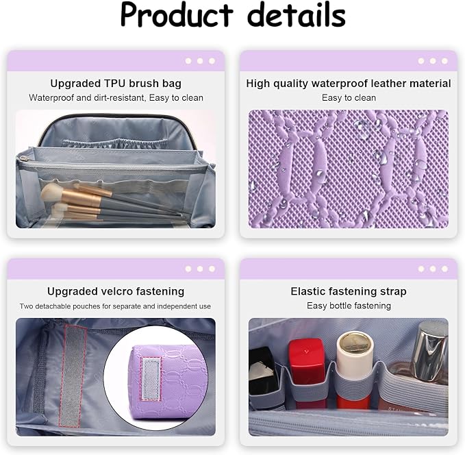 BOYATU Travel Makeup Bag for Women: Cosmetic Organizer Bag with Compartments - Leather Make up Bags Set of 3 (G-1-Purple)