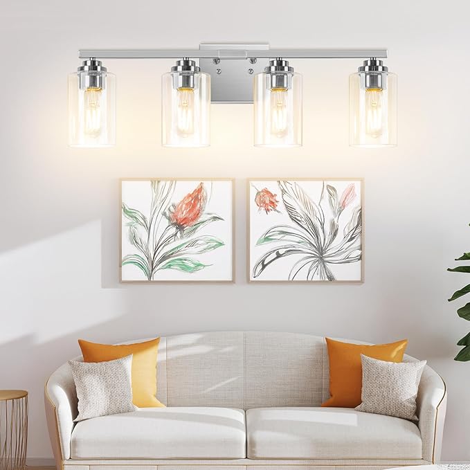 VerRon 4-Light Bathroom Light Fixtures, 27" Brushed Nickel Modern Vanity Lights Over Mirror with Clear Glass Shades, Classic Wall Light Fixture for Mirror Living Room Cabinet Bedroom Porch