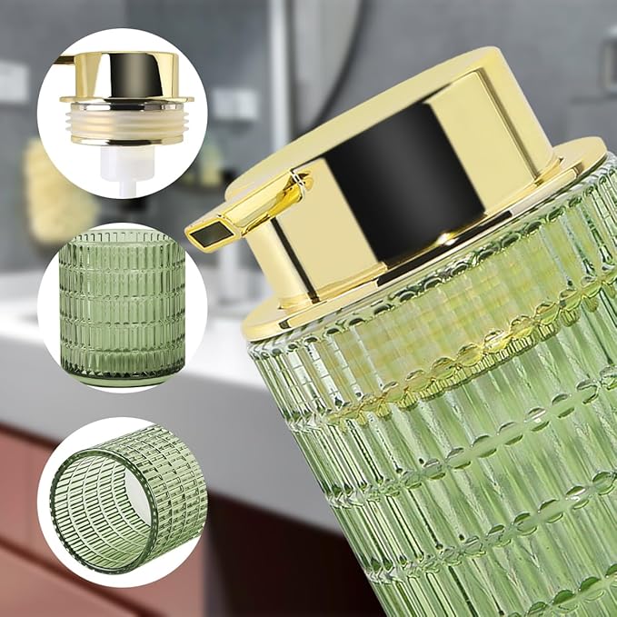 Tonxus Foam Soap Dispenser, Green Glass Foaming Soap Dispenser, 10 Oz Refillable Hand Soap Dispenser Liquid Lotion Pump Container Ribbed Bottle for Bathroom Countertop Decor