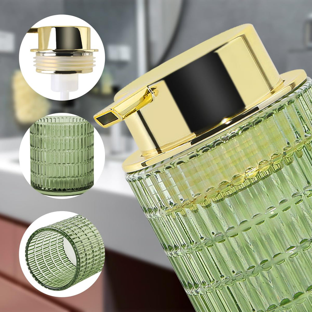 Tonxus Foam Soap Dispenser, Green Glass Foaming Soap Dispenser, 10 Oz Refillable Hand Soap Dispenser Liquid Lotion Pump Container Ribbed Bottle for Bathroom Countertop Decor