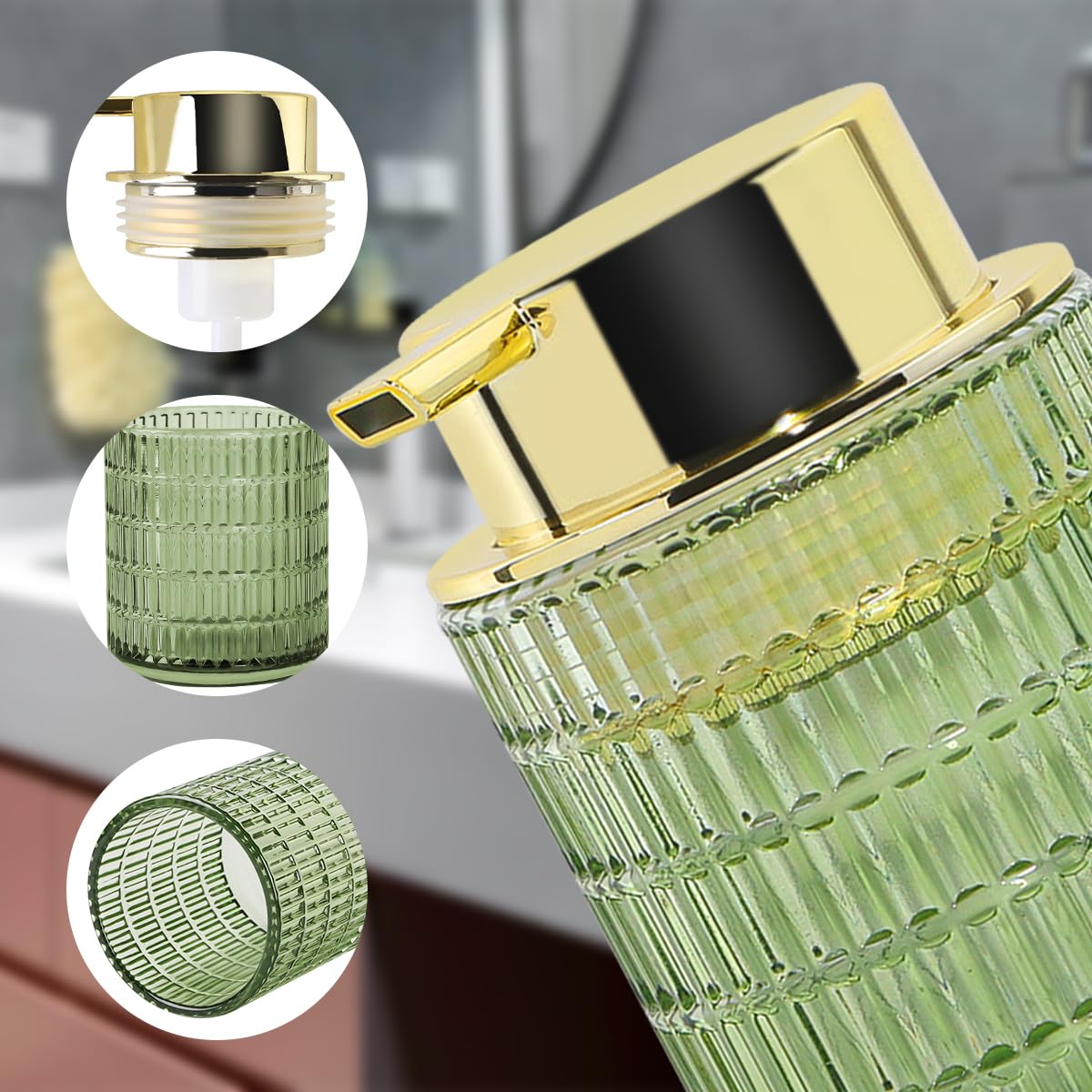 Tonxus Foam Soap Dispenser, Green Glass Foaming Soap Dispenser, 10 Oz Refillable Hand Soap Dispenser Liquid Lotion Pump Container Ribbed Bottle for Bathroom Countertop Decor