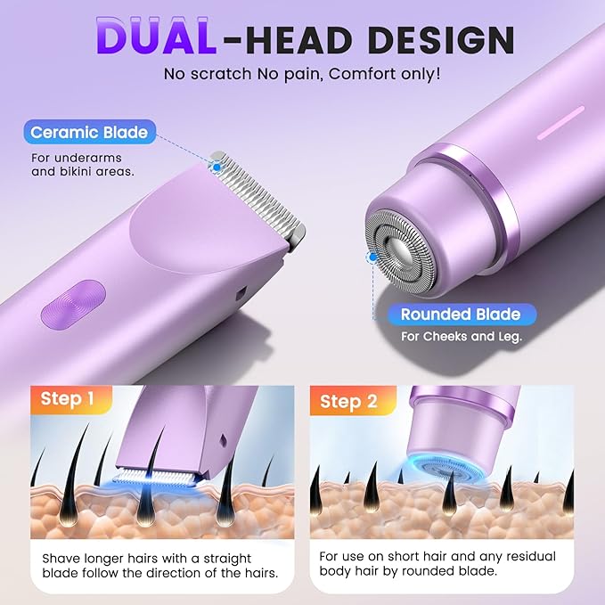 Bikini Trimmer for Women, Painless Electric Razor for Women with Dual Head, IPX7 Waterproof Pubic Body Hair Trimmer Electric Shaver for Legs/Arm/Underarm (Purple)