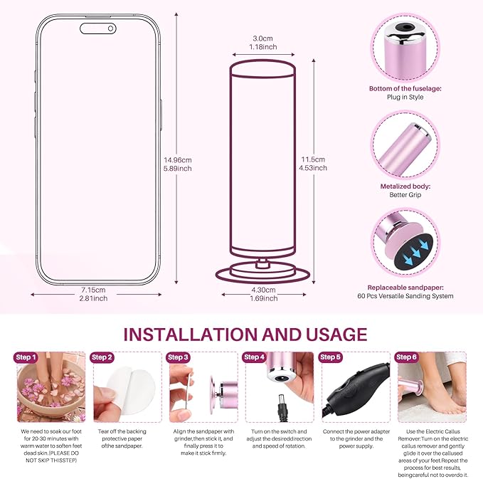 LIONVISON Electric Foot Callus Remover: Adjustable Speed Foot File for Cracked Heels - Working Women's Summer Pedicure Tool with 60pcs Sandpaper Discs - Dead Skin Remover for Dry Feet at-Home