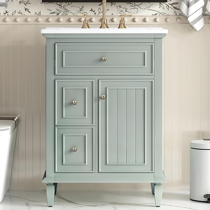 Harper & Bright Designs 24" Bathroom Vanity with Sink, Free Standing Single Basin Vanity Set with Tip-Out Drawer, 2 Drawers, and One Door, Storage Cabinet with Ceramic Basin for Bathroom, Green