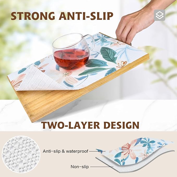 Shelf Liners for Kitchen Cabinets 17in x 30FT, Non Adhesive Drawer Liner Colored Flowers Thickened Shelf Liner Non-Slip Easy to Clean for Tool Box Refrigerator with Knife and Tape Measure