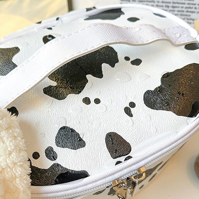 Travel Makeup Bag for Women, PU Leather Cosmetic Case, Cute Cow Printed