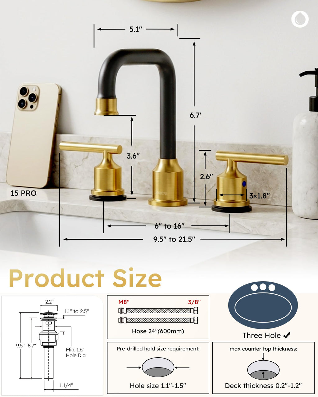 WOWOW Black Gold Bathroom Faucet 3 Hole, Widespread Vanity Sink Faucets