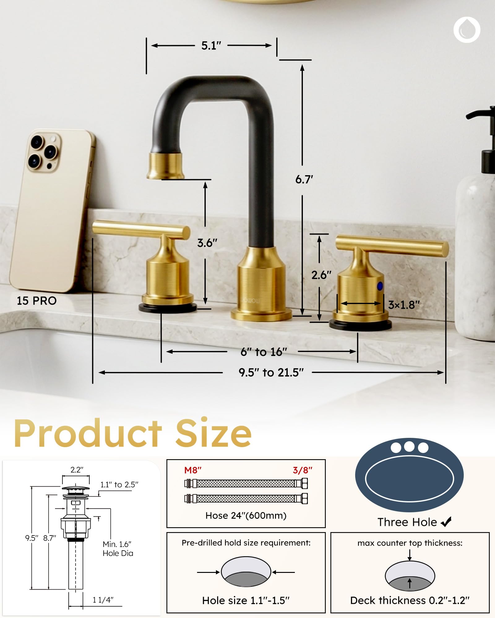 WOWOW Black Gold Bathroom Faucet 3 Hole, Widespread Vanity Sink Faucets