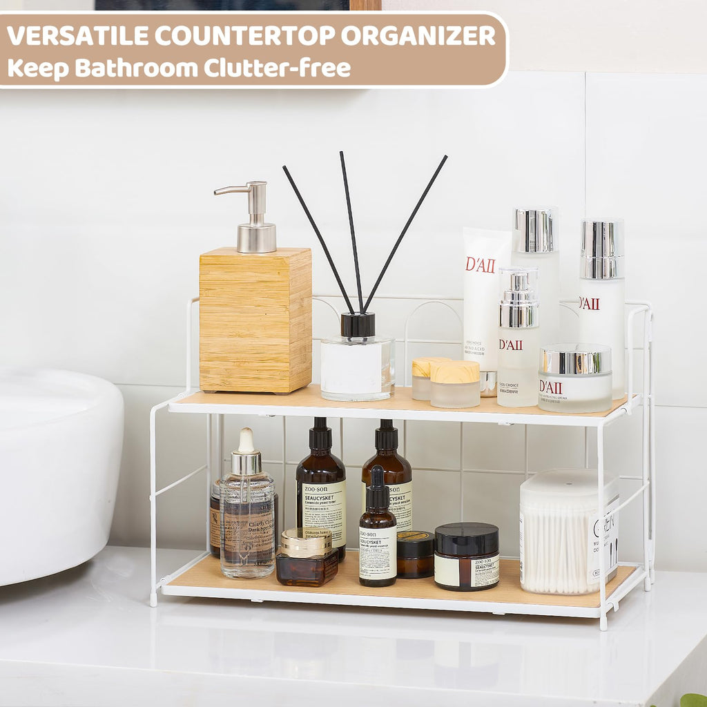 Edergoo Bathroom Counter Organizer 10s Tool-Free Install, 2 Tier Bathroom Organizers and Storage, Collapsible Bathroom Organizer Countertop, Wood Bathroom Kitchen Countertop Organizer, White