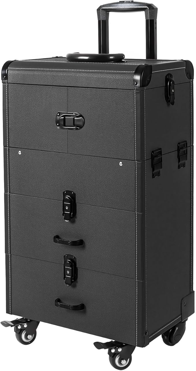 Rolling Makeup Train Case with Wheels and Mirror, Lockable Portable Cosmetic Organizer Trolley, Large Make up Cosmetic Orgainzer, Pro Makeup Artists Multifunction Cosmetics Trolley Train Case (Black)