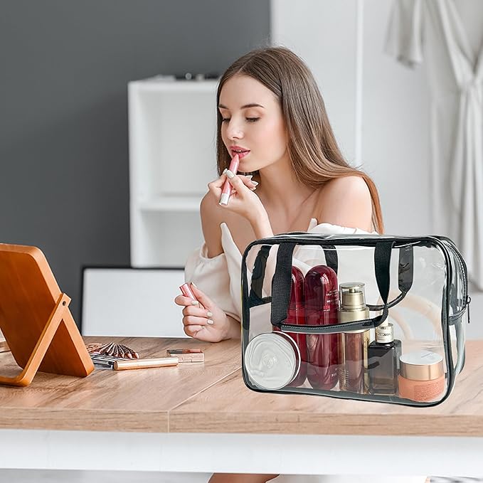 TotePrint PVC Clear Pure Color Transparent Large Zipper Cosmetic Pouch Travel Makeup Cosmetic Bag with Handle for Travel Bathroom Toiletry Organizer (Clear+Black Handle)