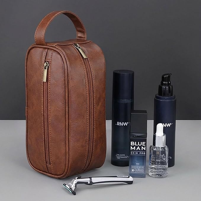 Men’s Toiletry Bag - Vintage PU Leather Kit for Travel - Water-Resistant Shaving Bag,Compact Pouch Gift for Husband, Dad (Khaki)