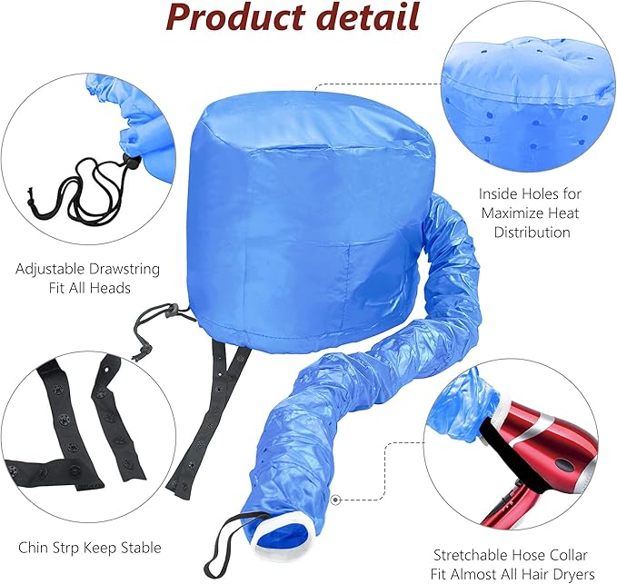 Safety Portable Hair Dryer Bonnet Attachment for Hair Styling, Adjustable Chin Strap and Side Fitting Drawstring Hood Dryers for Hair Home