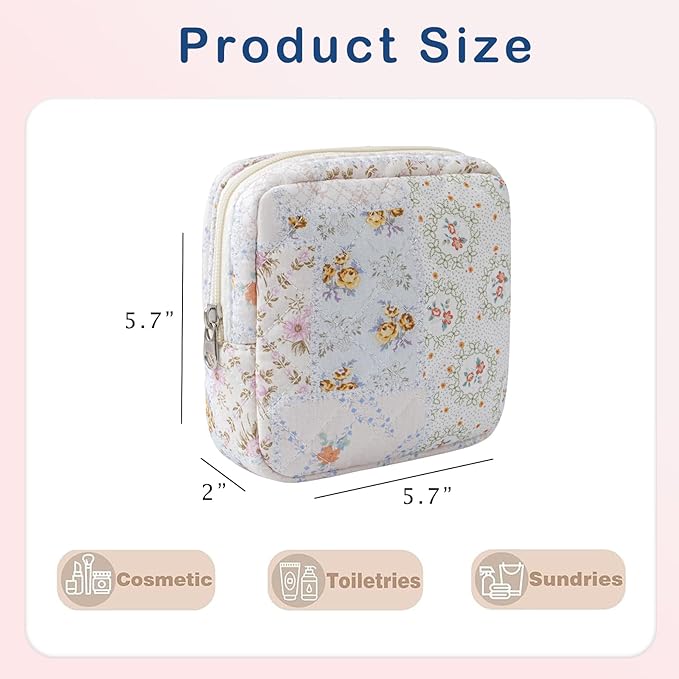 RSRSLEII Small Quilted Cosmetic Pouch for Purse, Mini Cotton Makeup Bag with Compartments, Cute Zipper Lipstick Holder for Women (14Mixed Flowers)