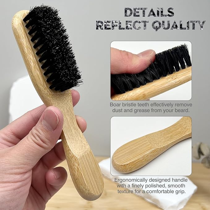 Men's Beard Brush with Natural Boar Bristles, Mustache Grooming and Styling Tool, Use with Beard Oils & Balms