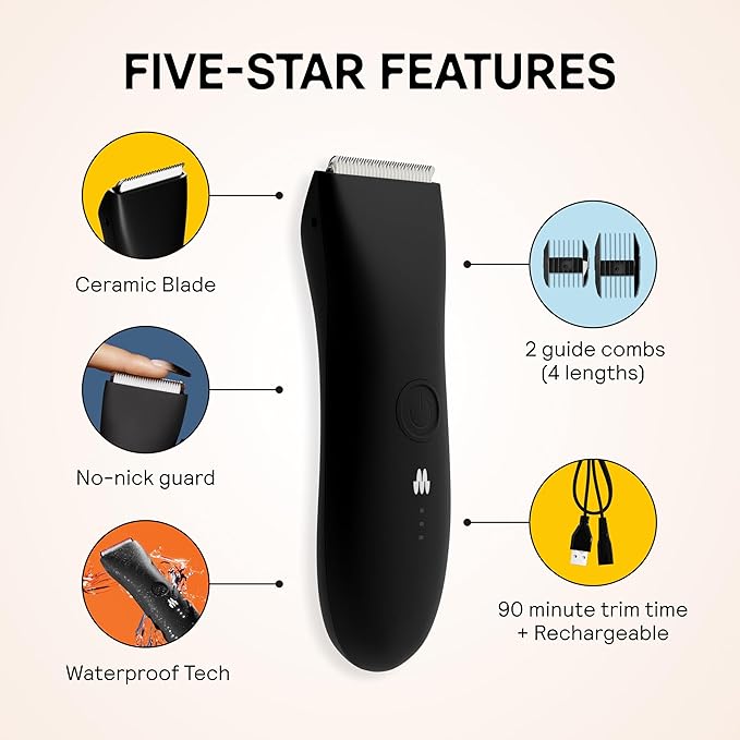MERIDIAN The Trimmer Original – Body Hair Trimmer for Men, Electric Groin & Body Groomer for Pubic Hair, Chest, Legs & Underarms, Waterproof & Rechargeable, Onyx