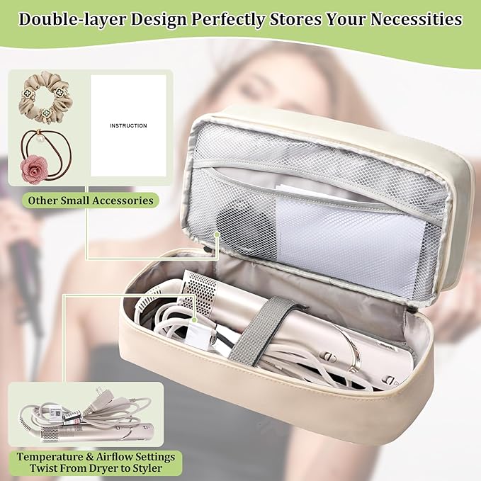 Sambois Travel Carrying Case for Shark Flex Style, Double Layer Storage Case for Shark SpeedStyle Hair Dryer Attachments, Waterproof PU Leather Organizer Bag for Shark Airwrap Styler (Gray&White)