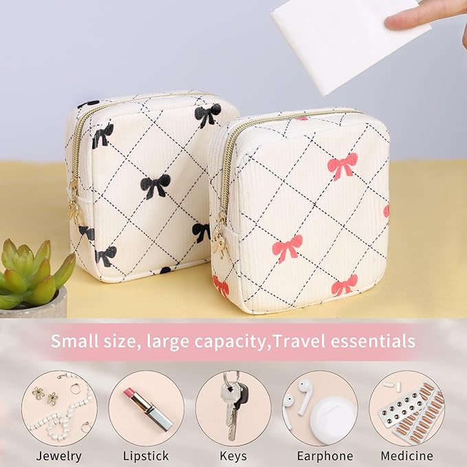Teircno Period Bag for Women - Cute Corduroy Sanitary Napkin Storage Bag with Bow Design | Period Pouch for Daily Use, Travel | Discreet Menstrual Pouch | Pad Bags for Period Holds Pads, Tampons