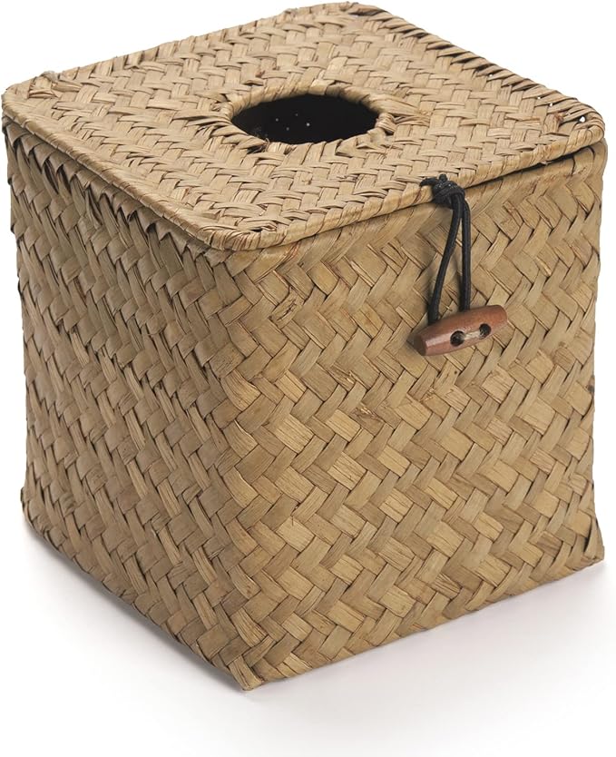 Seagrass Square Tissue Box Cover Woven Napkin Holder Decorative for Bathroom Farmhouse (Natural, 5.5 x 5.5 x 5.5 Inch)