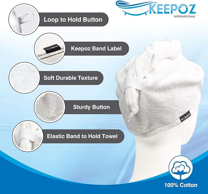 KEEPOZ Hair Towel Wrap Quick Dry 100% Cotton Super Absorbent Turban Head Wrap for Women with Button, Non Microfiber Anti Frizz, Hair Cap for Curly, Long & Thick Hair (Red+White, 2 Pcs)