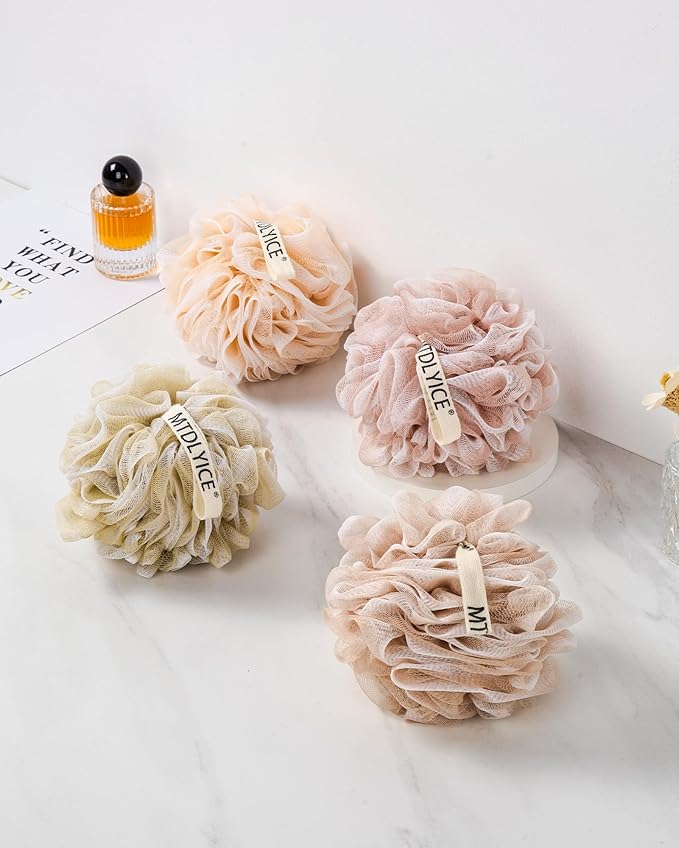 MTDLYICE Loofah Sponge, XL Large Loofah 75g 4 Pack, Bath Sponge Soft Mesh Shower, Body Scrubber, Loofah for Men, Bath Accessories Body wash Foaming (Beige)