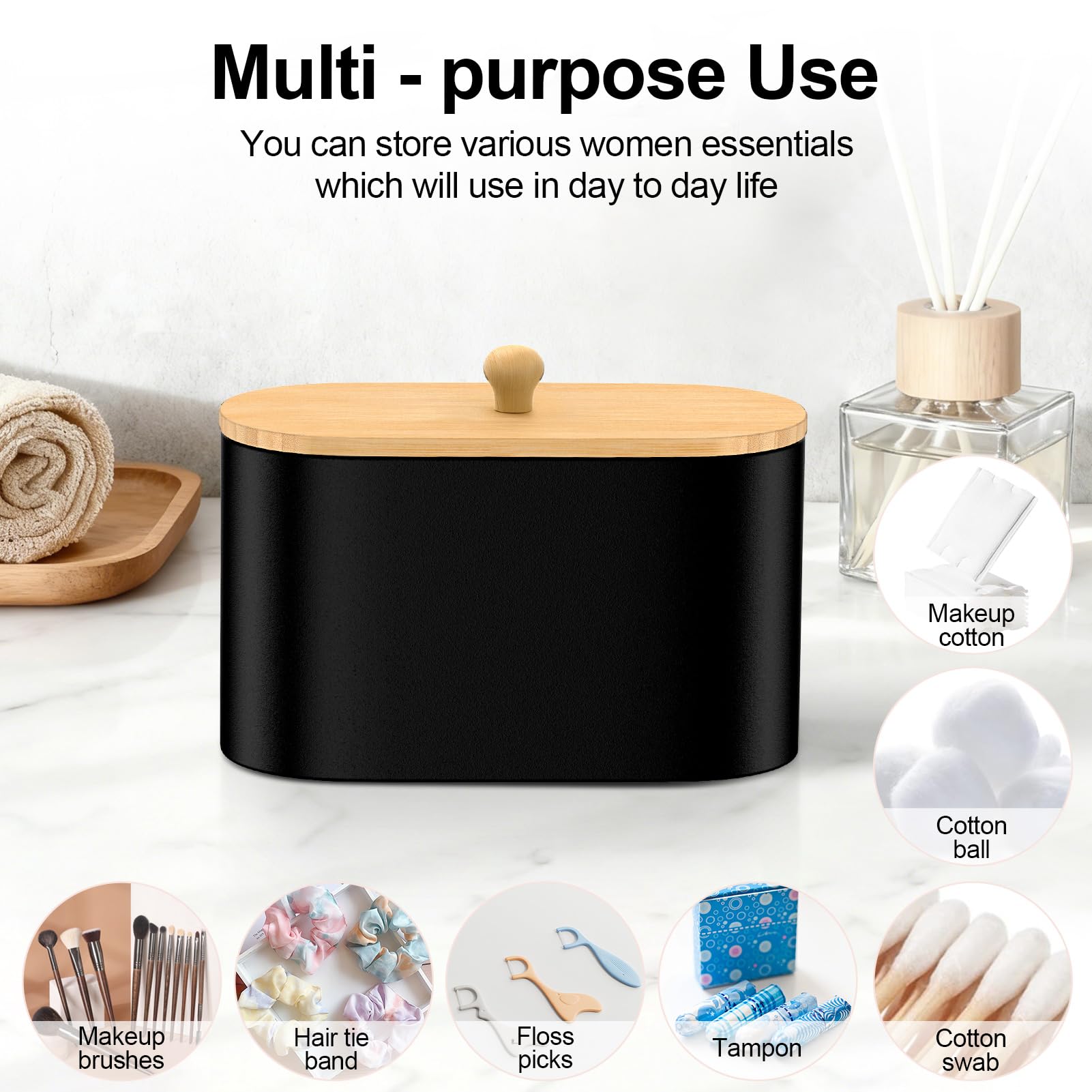 Cotton Swab Holder,Round Cotton Pads Balls Qtip Holder Dispenser with Lid, 2 Compartments Qtips Holder, Tampoms Period Box Bathroom Organizers Storage Bin Floss Dispenser Vanity Cosmetics, Black