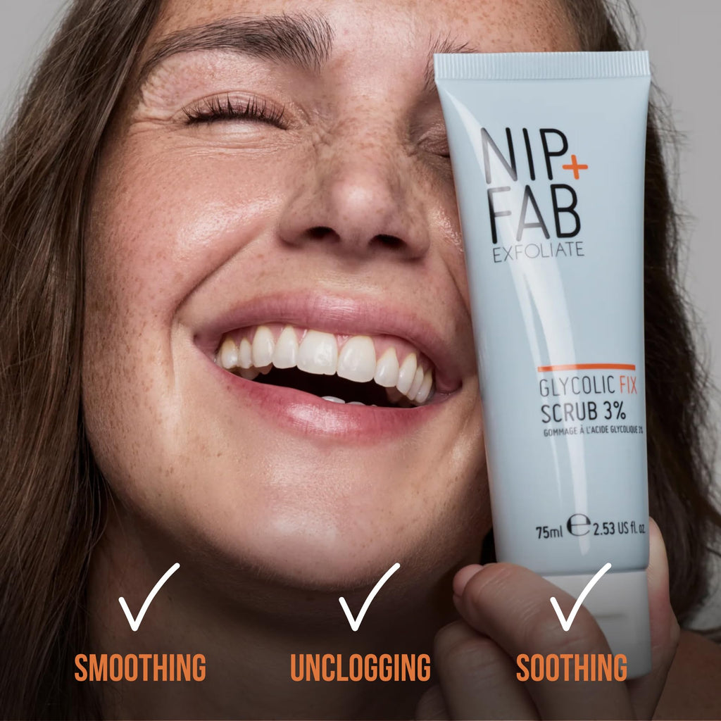 Nip + Fab Glycolic Fix Scrub (2.5 fl oz) – 3% Glycolic Acid 3-in-1 Facial Exfoliator – Brightening AHA Face Scrub with Salicylic Acid for Smooth Radiant Skin