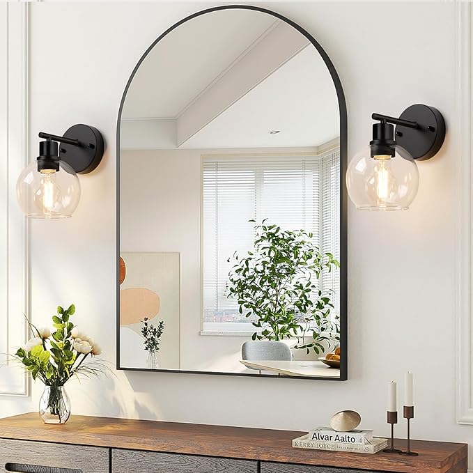 Set of 2 Black Modern Bathroom Wall Sconces, Clear Glass Vanity Lights with E26 Socket, Up & Down Reversible Bathroom Light Fixtures for Mirror, Bedroom, Hallway, Living Room