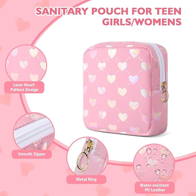 Likesing Period Bag Pouch, Leather Sanitary Napkin Storage Bag for Girls Womens, Portable Sanitary Napkin Period Pad Pouch Bag for Purse, Small Make Up Bags(Pink LOVE)