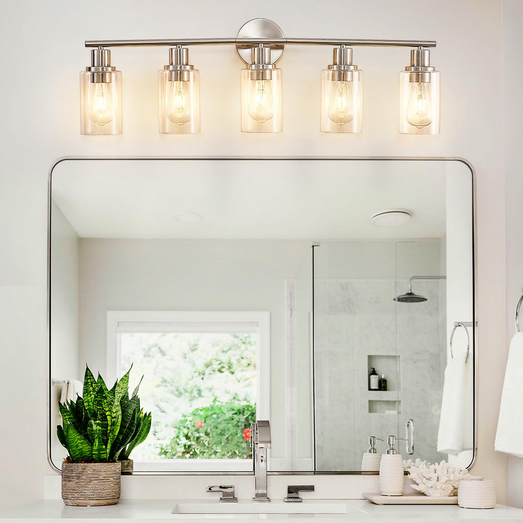 DLLT 5-Light Bathroom Light Fixtures: Nickel Modern Vanity Lights with E26 Bulbs - Clear Glass Shade Bathroom Wall Lamp for Mirror Kitchen Living Room Hallway Cabinet Porch