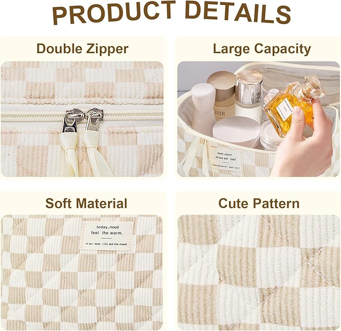 GISMTR 3Pcs Makeup Bag Cotton Quilted Travel Cosmetic Bag Cute Floral Makeup Pouch Large Toiletry Bag for Women Girls