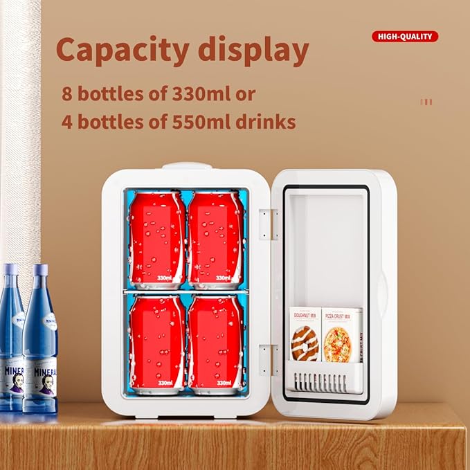 JrostKault Mini Fridge for Bedroom - 8 Liter/8 Can Portable Refrigerator for Car, Office, Dorm - Quiet Cooler & Warmer for Food, Drinks, Makeup & Skincare - AC/DC Power Supply