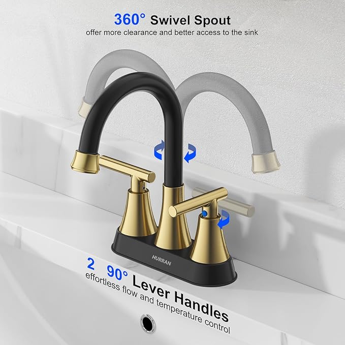 Bathroom Faucets for Sink 3 Hole, Hurran 4 inch Black and Gold Bathroom Sink Faucet with Pop-up Drain and Supply Hoses, Stainless Steel Lead-Free Centerset Faucets for Vanity RV