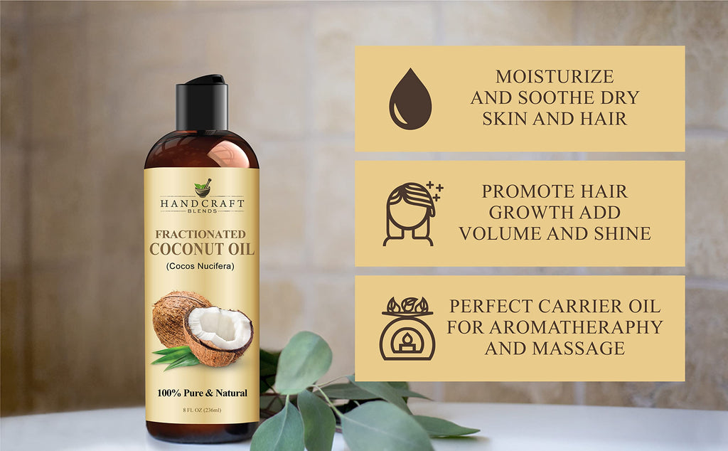 Handcraft Blends Fractionated Coconut Oil - 8 Fl Oz - 100% Pure and Natural - Premium Grade Carrier Oil for Skin and Hair - Hair and Body - Massage