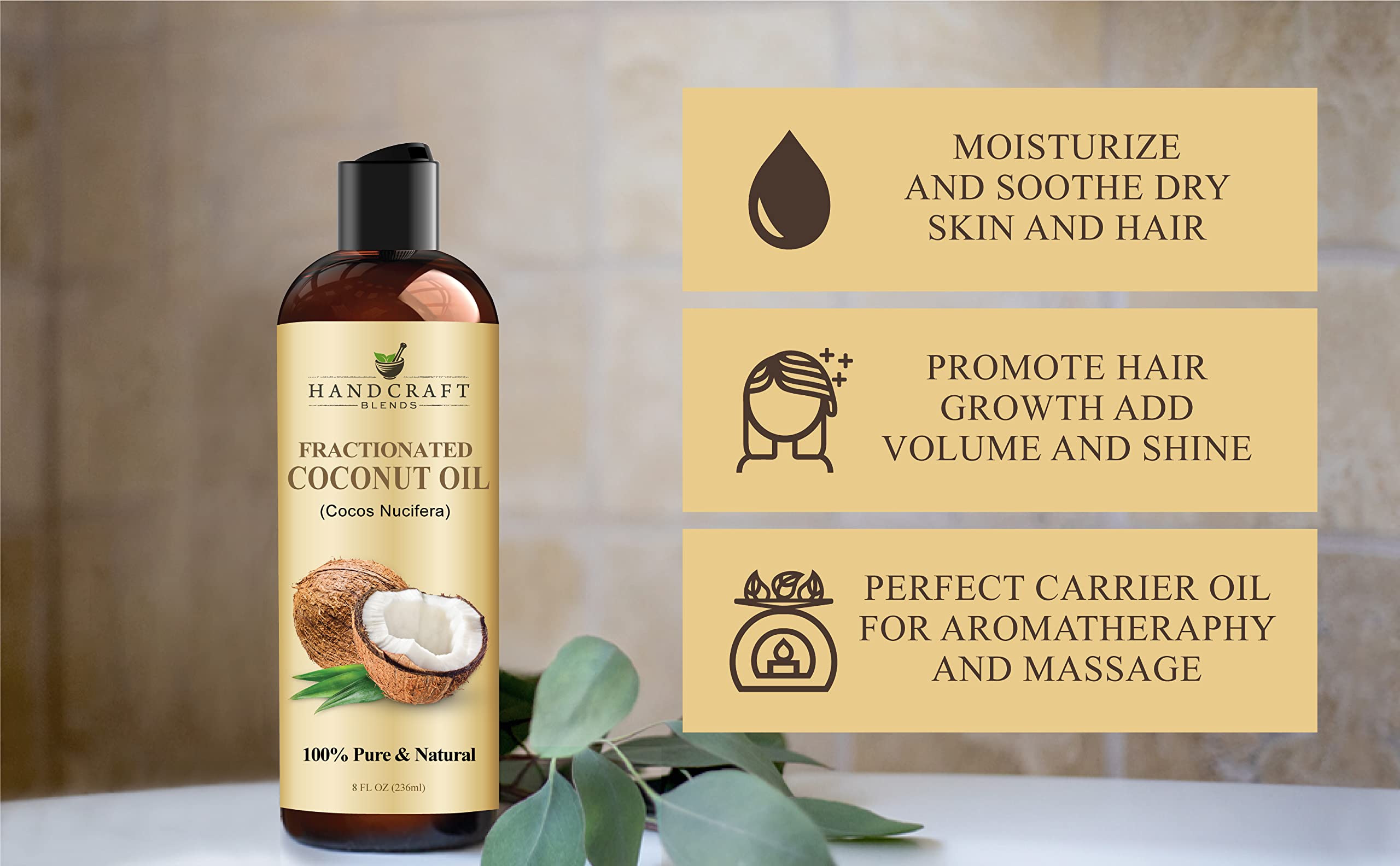 Handcraft Blends Fractionated Coconut Oil - 8 Fl Oz - 100% Pure and Natural - Premium Grade Carrier Oil for Skin and Hair - Hair and Body - Massage