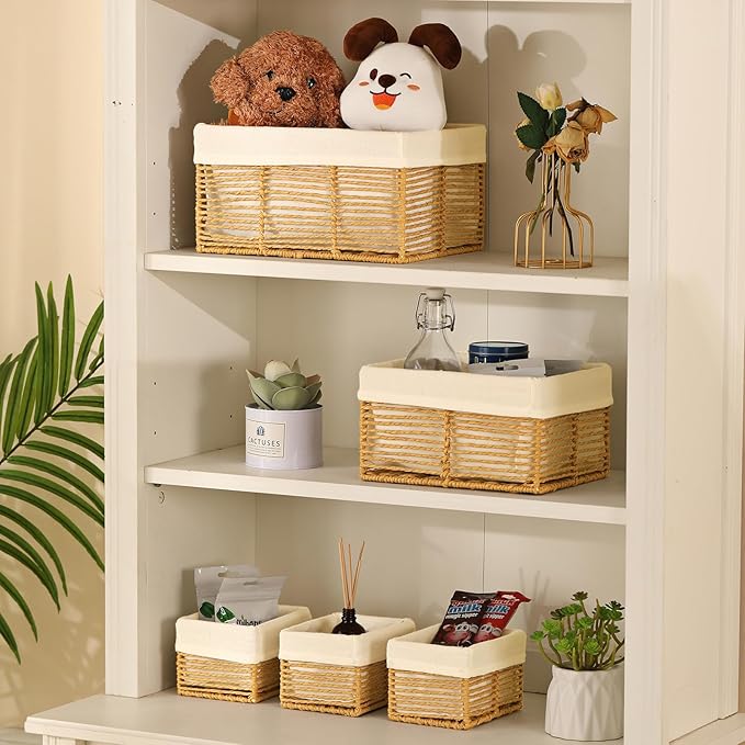 Vagusicc Wicker Storage Basket, Hand-Woven Paper Rope Wicker Baskets, Rectangular Small Wicke Baskets for Organizing, Cube Storage Bins for Closet/Clothes/Dresser, Natural, 5-Pack