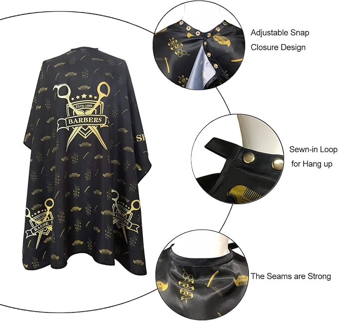 Barber Capes for Men, Hair Cutting Cape with Metal Snap Closure, Professional Salon Cape, Large Waterproof Hairdressing Cape for Hairstylist- 63”× 56” (Black & Gold)