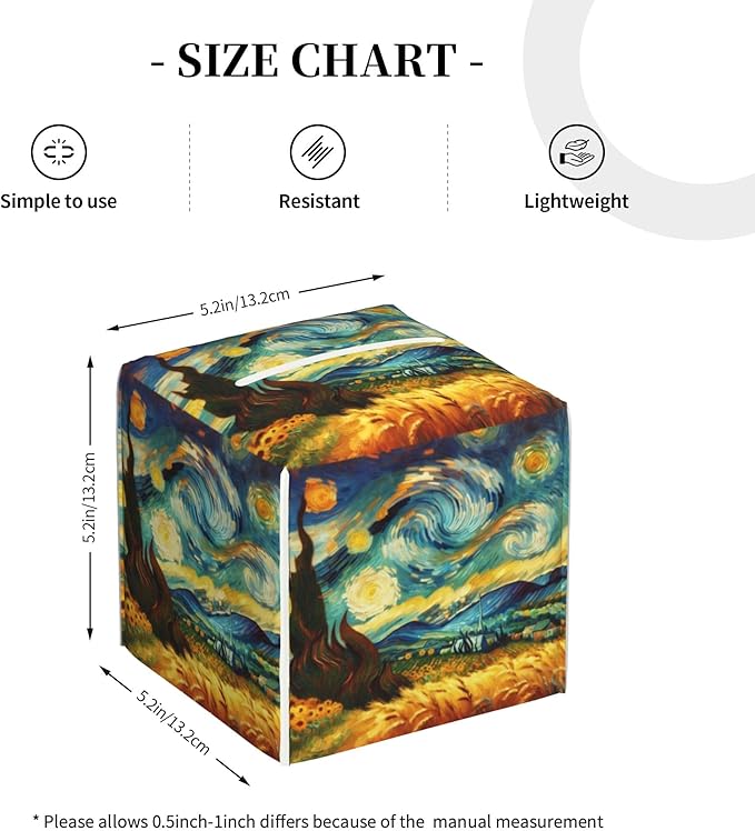 Starry Night Tissue Box Cover Square, Abstract Impressionist Oil Painting Tissue Box Holder Waterproof Leather Facial Paper Organizer Dispenser for Bathroom Home Car Nightstand Vanity Desk