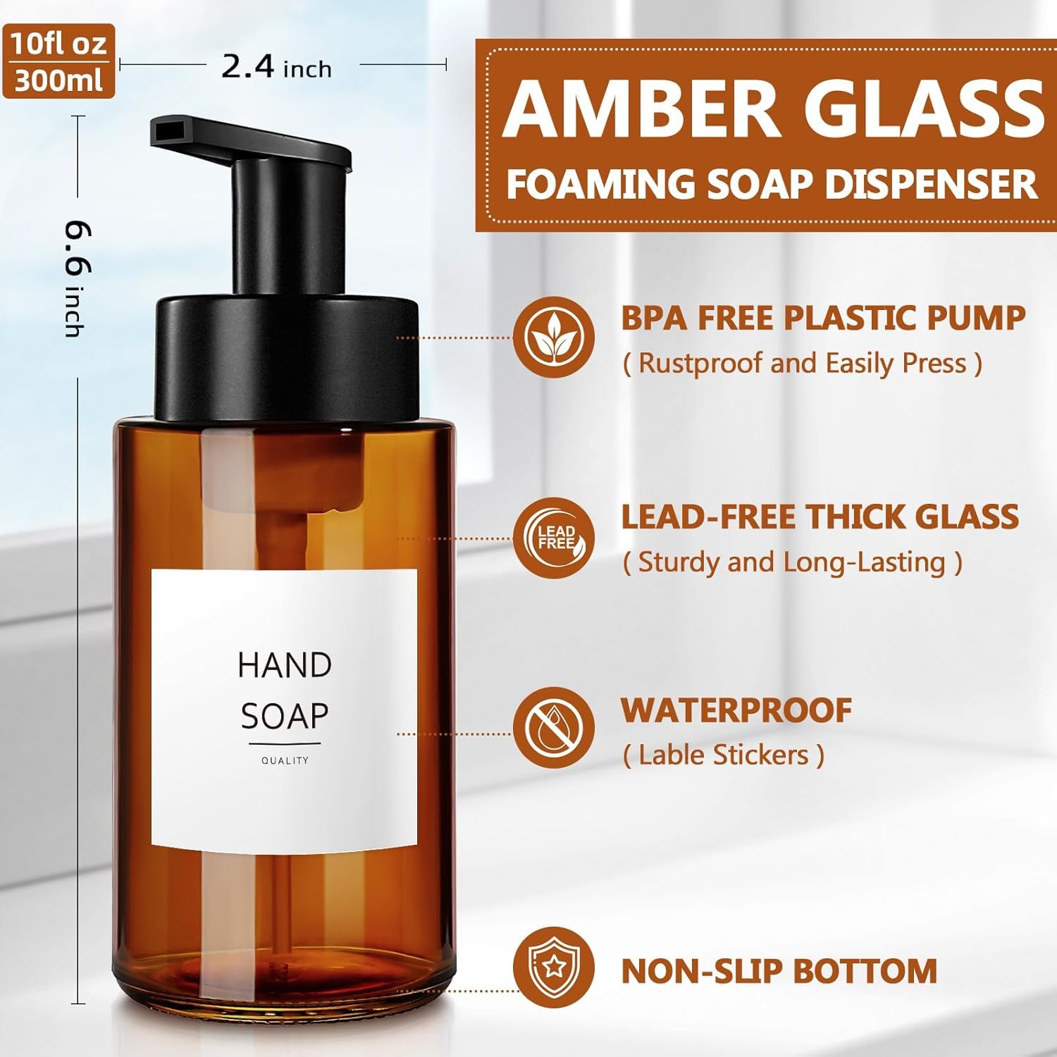 RYTOXILO Amber Foam Soap Dispenser, 10 oz/300ml Glass Foaming Soap Dispenser, 2 Pcs Foaming Hand Dispenser for Bathroom & Kitchen, Refillable Bottle with Waterproof Labels