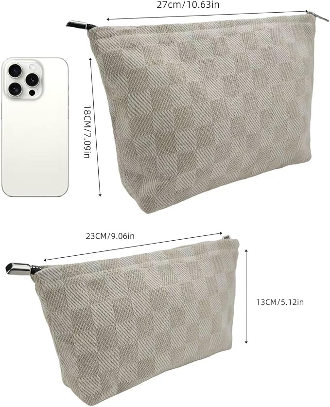 RIKMOXR 2-Pack Beige Checkered Makeup Bag Set - Large Capacity Cosmetic Organizer Pouch | Travel Toiletry Bag for Women Girls